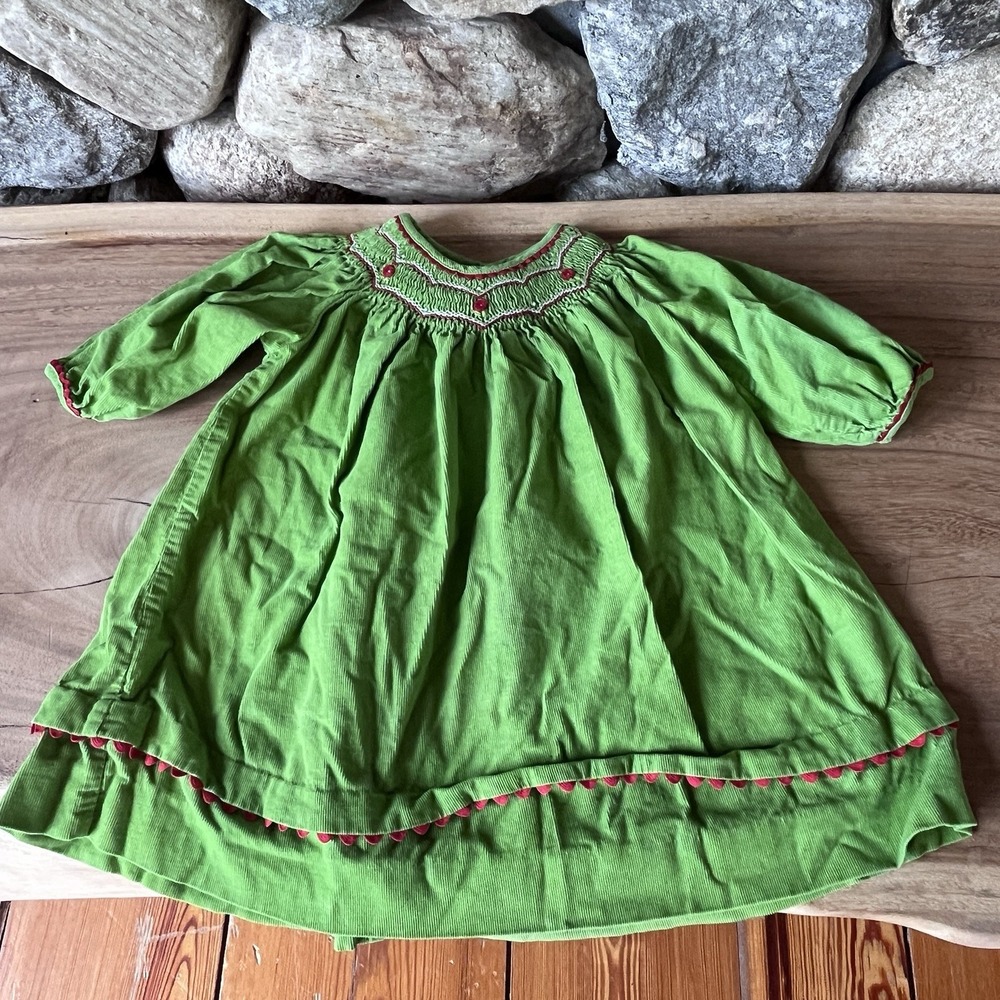 Rare Editions Girls 12M Green Corduroy With Red Trim Dress, Christmas Smocked